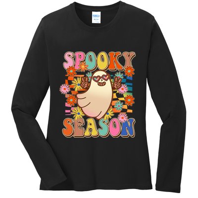 Funny Retro 60s Halloween Spooky Season Hippie Ghost Ladies Long Sleeve Shirt