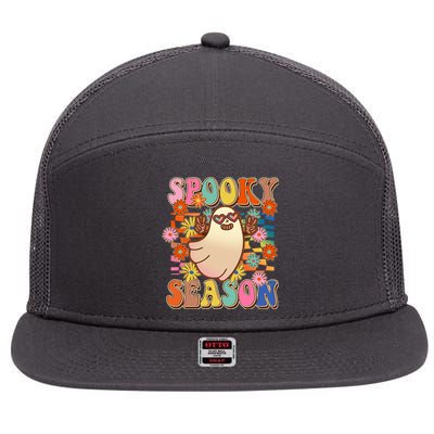 Funny Retro 60s Halloween Spooky Season Hippie Ghost 7 Panel Mesh Trucker Snapback Hat