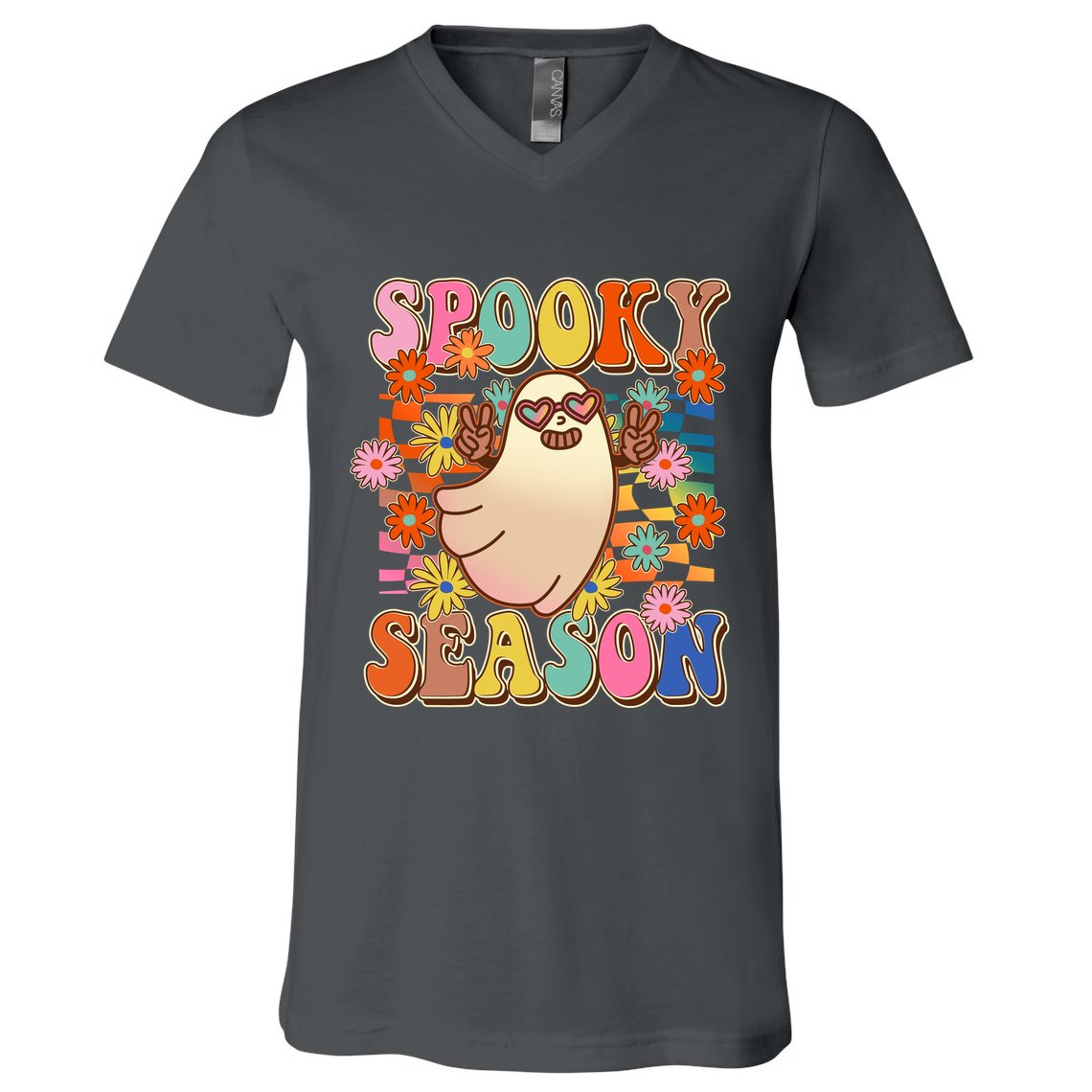 Funny Retro 60s Halloween Spooky Season Hippie Ghost V-Neck T-Shirt