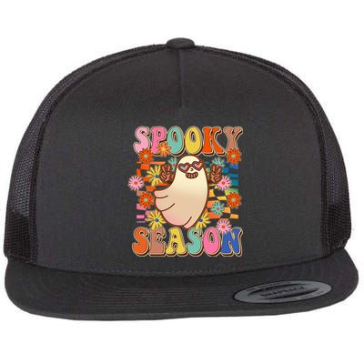 Funny Retro 60s Halloween Spooky Season Hippie Ghost Flat Bill Trucker Hat