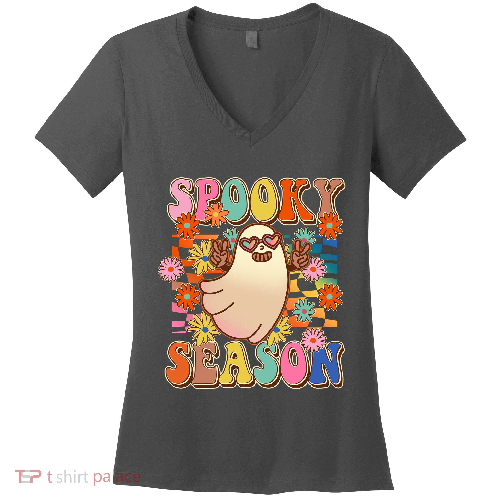 Funny Retro 60s Halloween Spooky Season Hippie Ghost Women's V-Neck T-Shirt