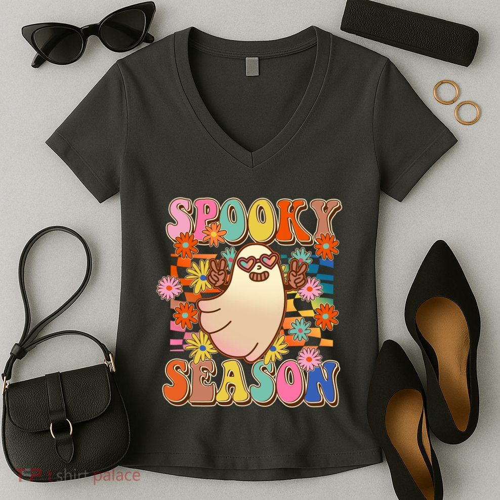 Funny Retro 60s Halloween Spooky Season Hippie Ghost Women's V-Neck T-Shirt
