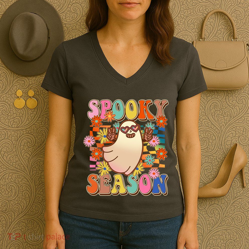 Funny Retro 60s Halloween Spooky Season Hippie Ghost Women's V-Neck T-Shirt