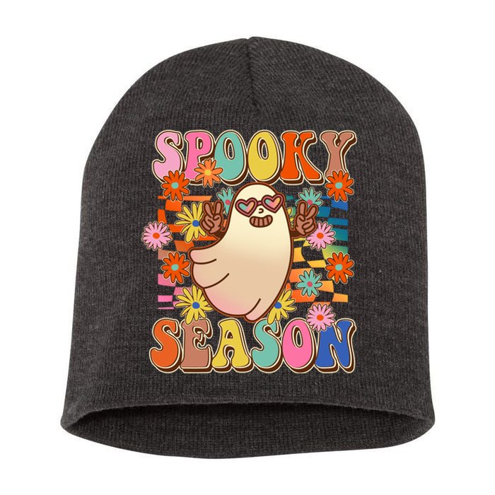 Funny Retro 60s Halloween Spooky Season Hippie Ghost Short Acrylic Beanie