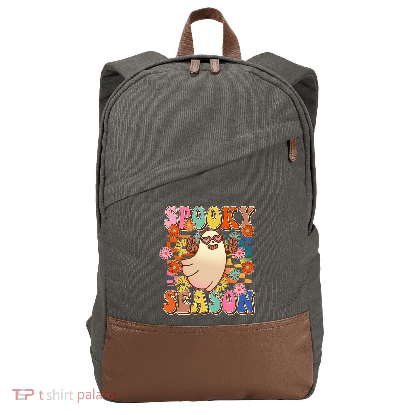 Funny Retro 60s Halloween Spooky Season Hippie Ghost Cotton Canvas Backpack