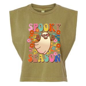 Funny Retro 60s Halloween Spooky Season Hippie Ghost Garment-Dyed Women's Muscle Tee