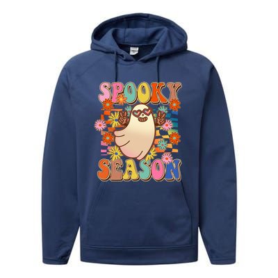 Funny Retro 60s Halloween Spooky Season Hippie Ghost Performance Fleece Hoodie