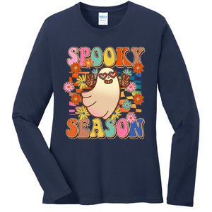 Funny Retro 60s Halloween Spooky Season Hippie Ghost Ladies Long Sleeve Shirt