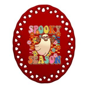 Funny Retro 60s Halloween Spooky Season Hippie Ghost Ceramic Oval Ornament