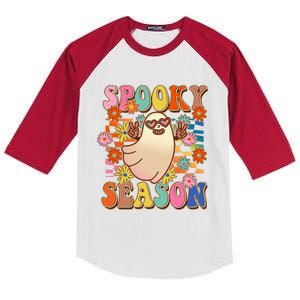 Funny Retro 60s Halloween Spooky Season Hippie Ghost Kids Colorblock Raglan Jersey