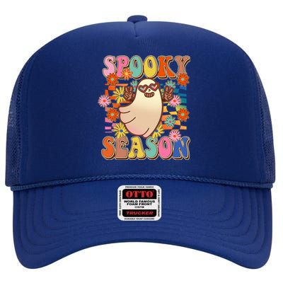 Funny Retro 60s Halloween Spooky Season Hippie Ghost High Crown Mesh Back Trucker Hat