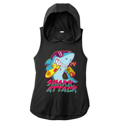 Funny Retro 80s Shark Attack Ladies PosiCharge Tri-Blend Wicking Draft Hoodie Tank