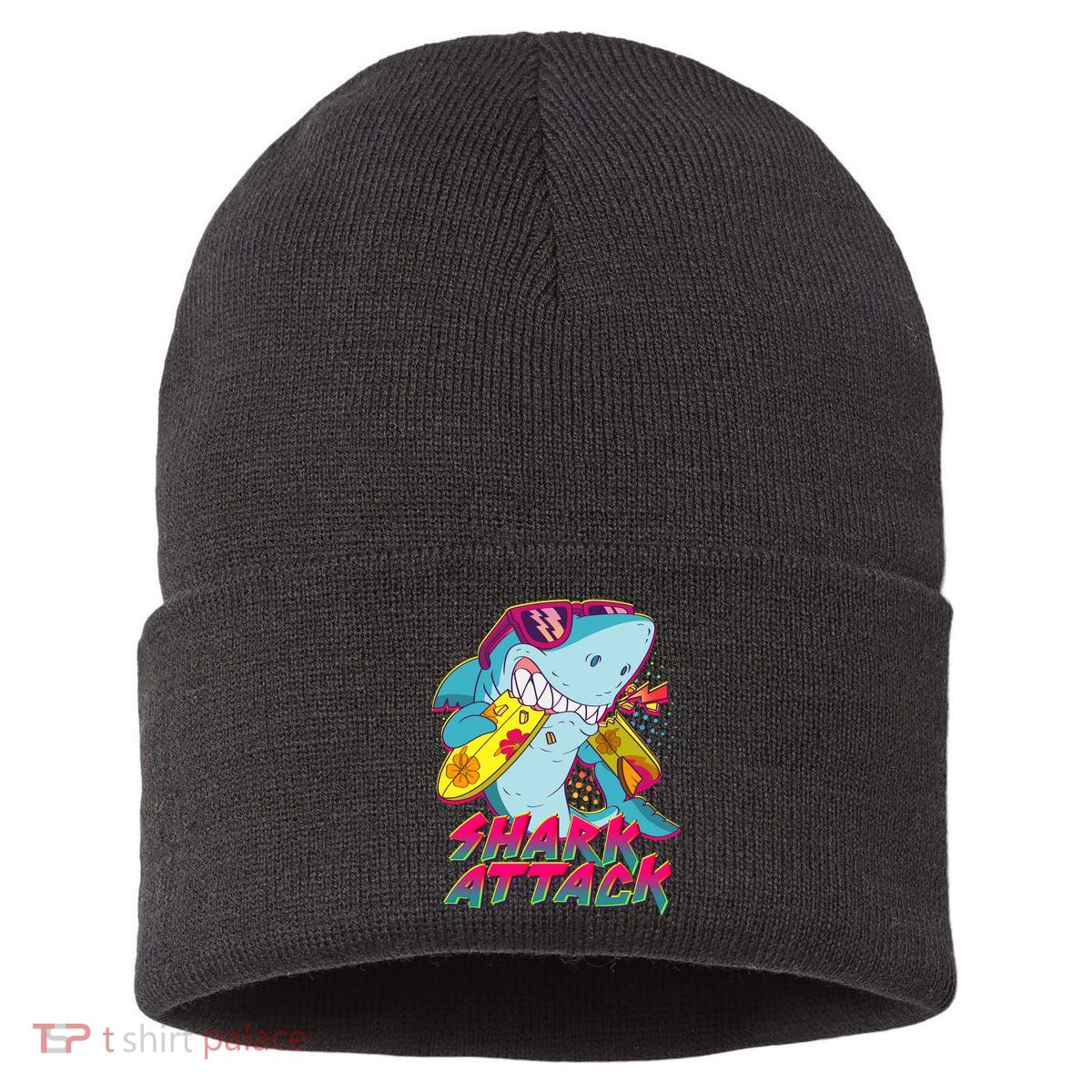 Funny Retro 80s Shark Attack Sustainable Knit Beanie