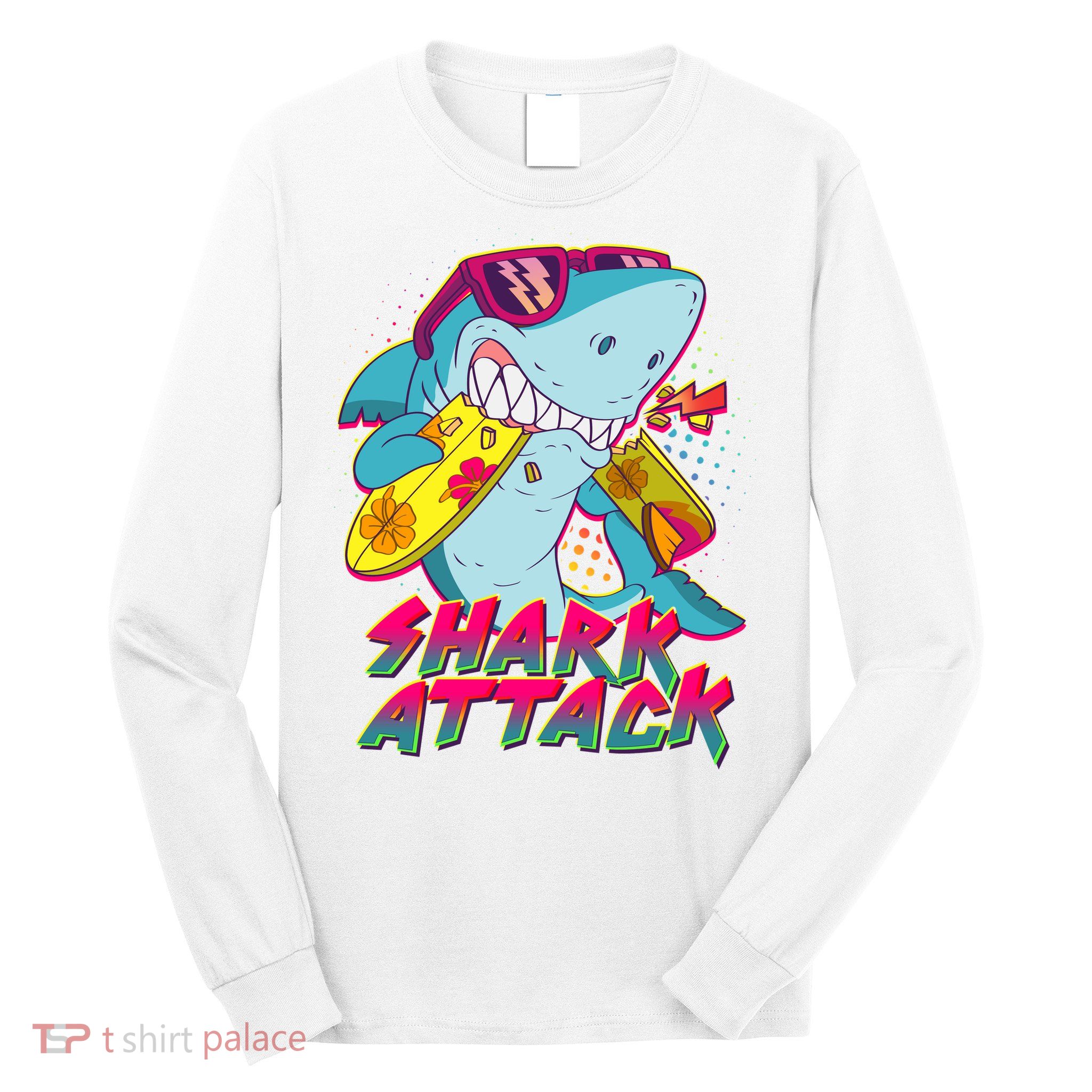Funny Retro 80s Shark Attack Long Sleeve Shirt