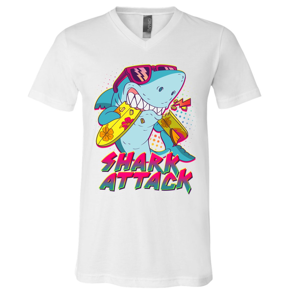 Funny Retro 80s Shark Attack V-Neck T-Shirt