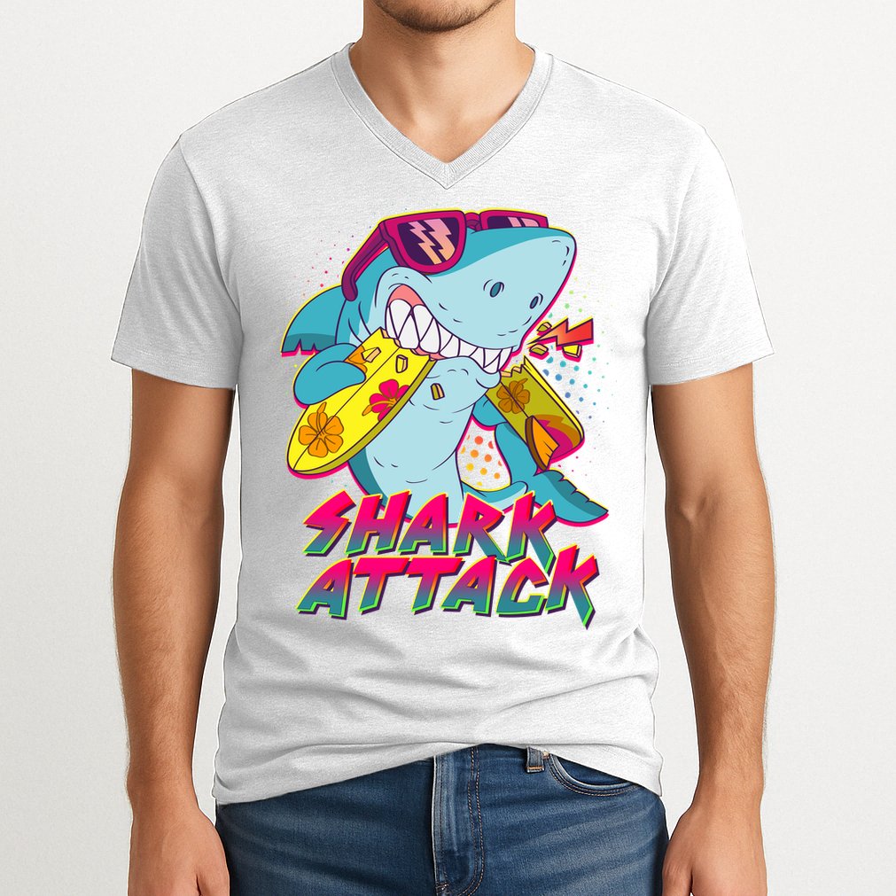 Funny Retro 80s Shark Attack V-Neck T-Shirt