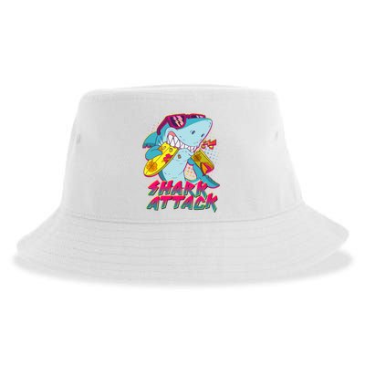 Funny Retro 80s Shark Attack Sustainable Bucket Hat