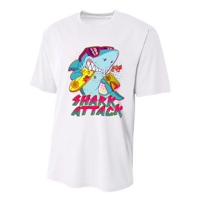 Funny Retro 80s Shark Attack Youth Performance Sprint T-Shirt