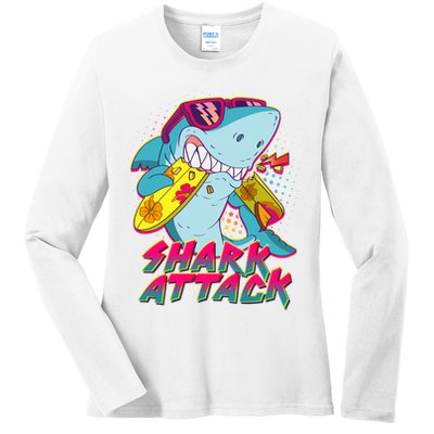 Funny Retro 80s Shark Attack Ladies Long Sleeve Shirt