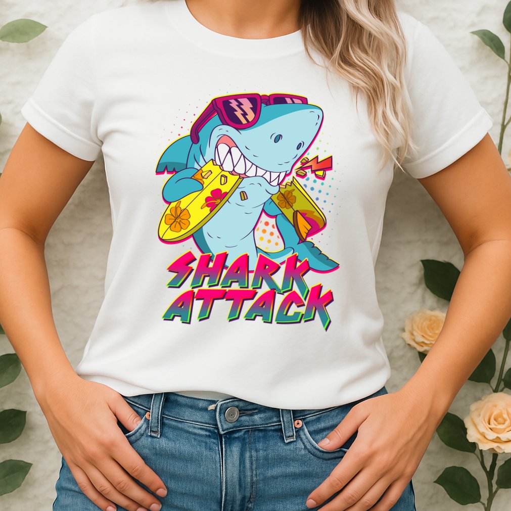 Funny Retro 80s Shark Attack Womens T-Shirt