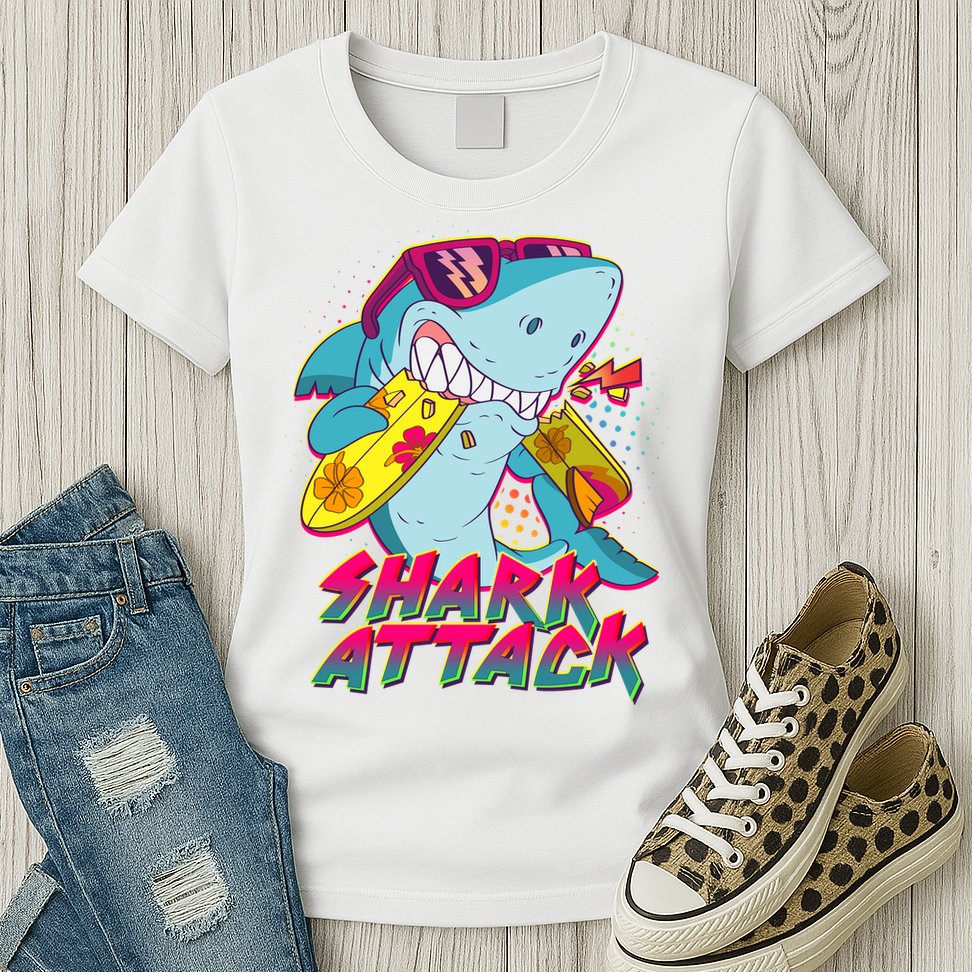Funny Retro 80s Shark Attack Womens T-Shirt