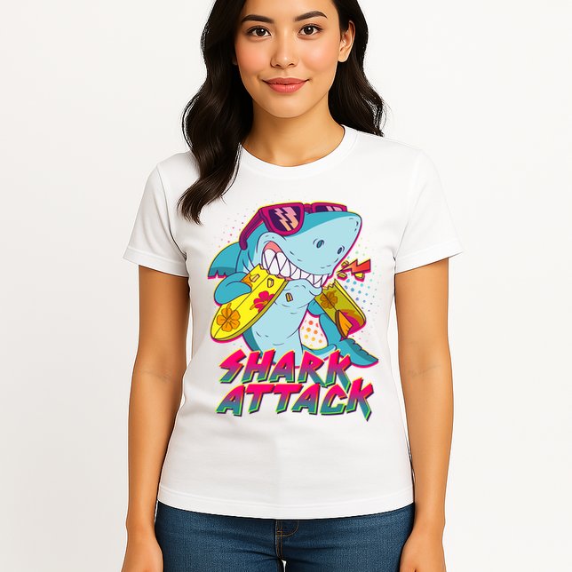 Funny Retro 80s Shark Attack Womens T-Shirt