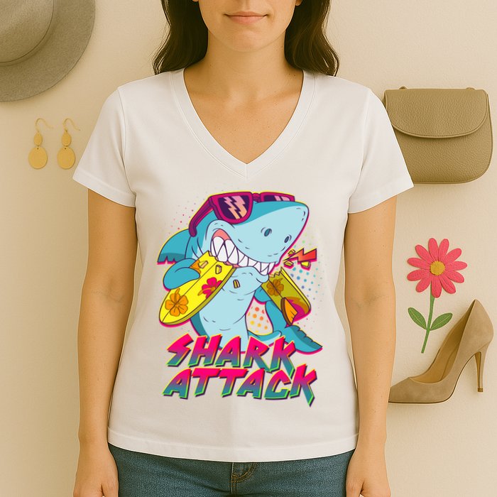 Funny Retro 80s Shark Attack Women's V-Neck T-Shirt