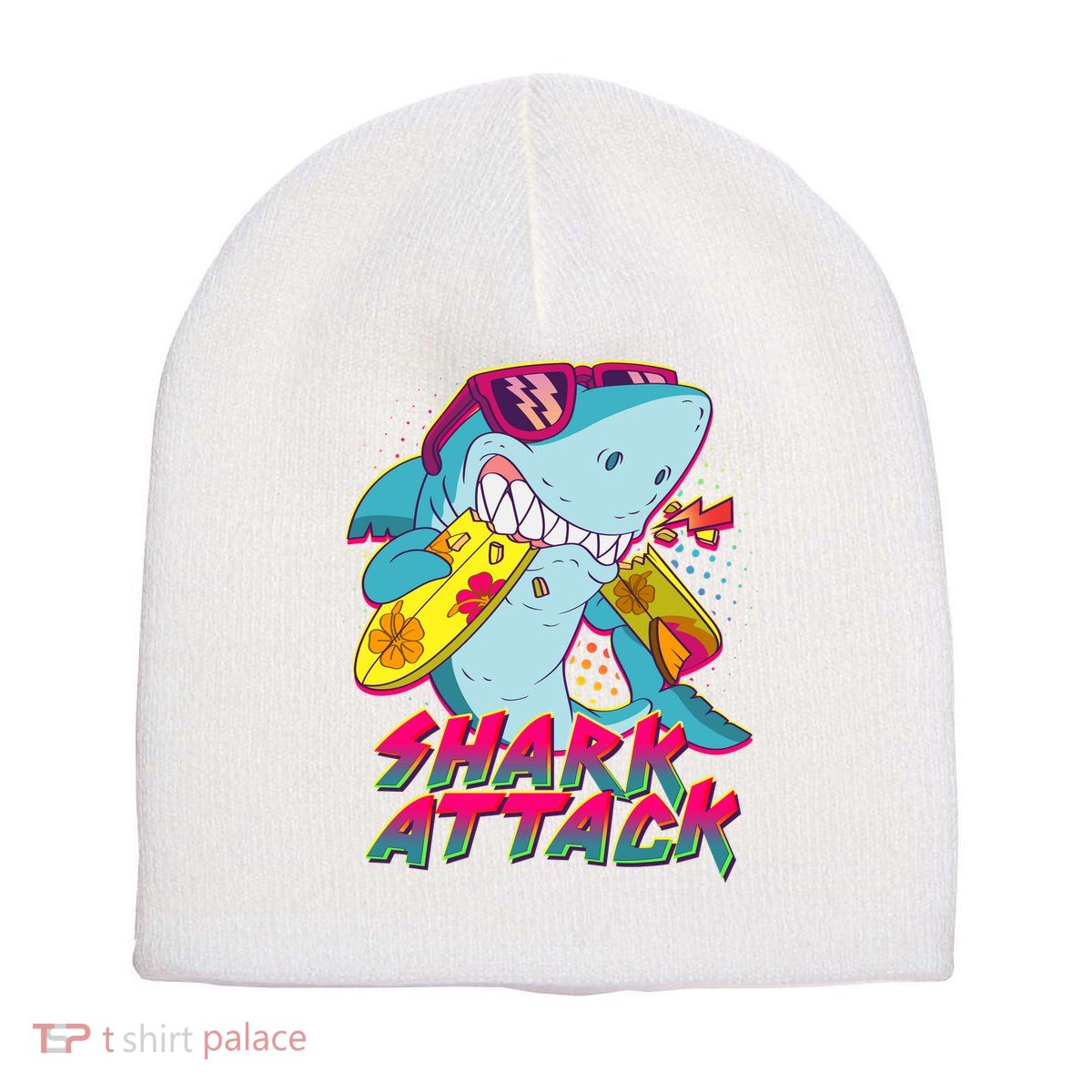 Funny Retro 80s Shark Attack Short Acrylic Beanie