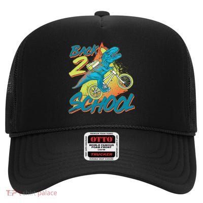 Funny Retro 80's 90's Back To 2 School TRex Dinosaur Bike High Crown Mesh Back Trucker Hat