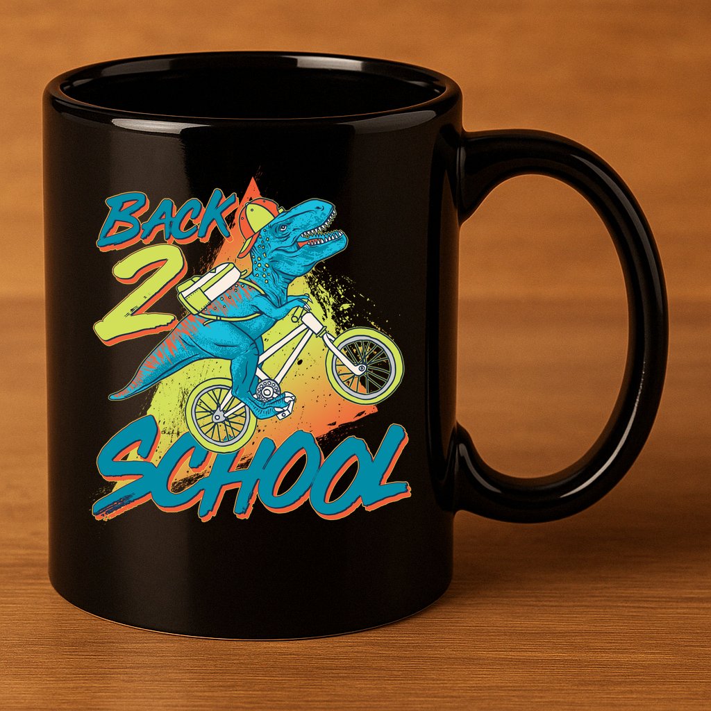 Funny Retro 80's 90's Back To 2 School TRex Dinosaur Bike 11oz C Handle Ceramic Mug