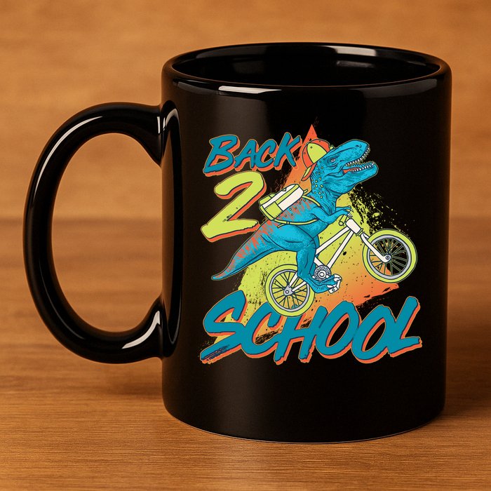 Funny Retro 80's 90's Back To 2 School TRex Dinosaur Bike 11oz C Handle Ceramic Mug