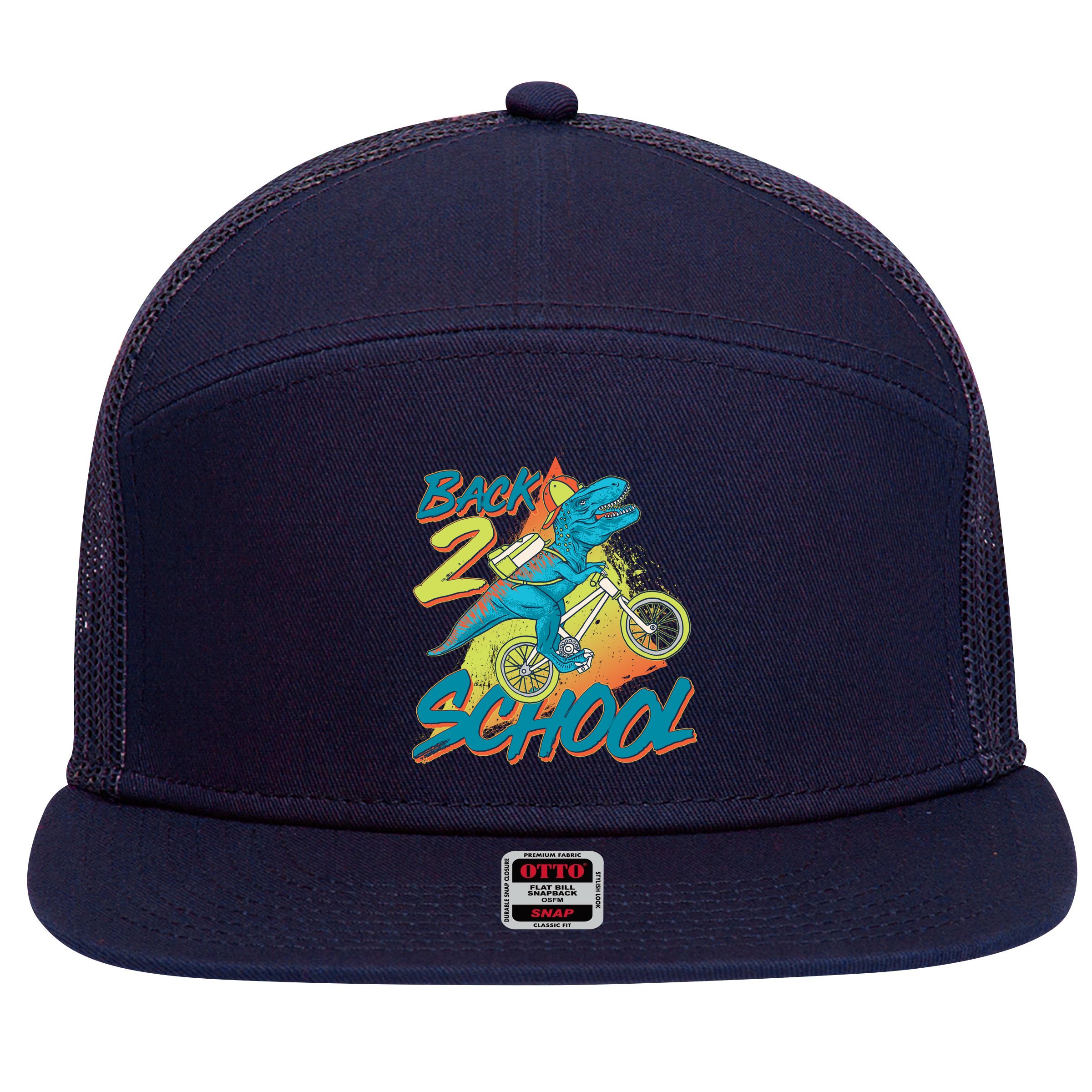 Funny Retro 80's 90's Back To 2 School TRex Dinosaur Bike 7 Panel Mesh Trucker Snapback Hat