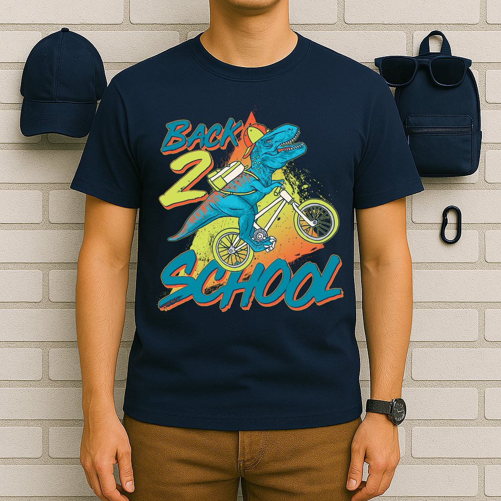 Funny Retro 80's 90's Back To 2 School TRex Dinosaur Bike T-Shirt