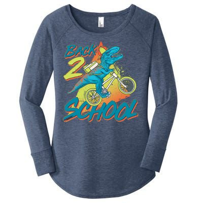 Funny Retro 80's 90's Back To 2 School TRex Dinosaur Bike Women's Perfect Tri Tunic Long Sleeve Shirt