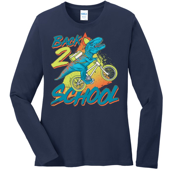 Funny Retro 80's 90's Back To 2 School TRex Dinosaur Bike Ladies Long Sleeve Shirt