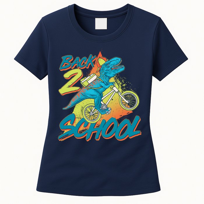 Funny Retro 80's 90's Back To 2 School TRex Dinosaur Bike Womens T-Shirt