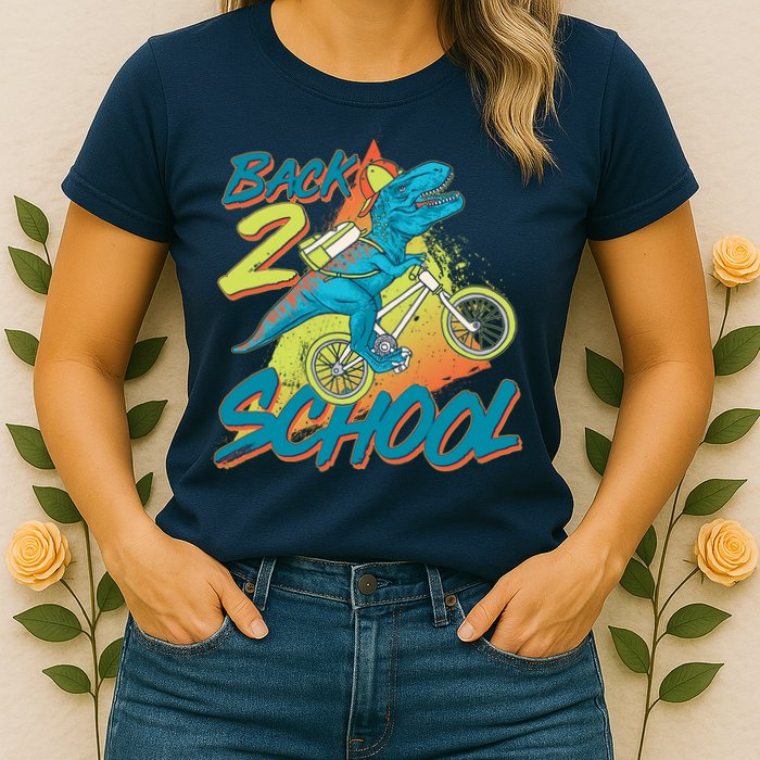 Funny Retro 80's 90's Back To 2 School TRex Dinosaur Bike Womens T-Shirt