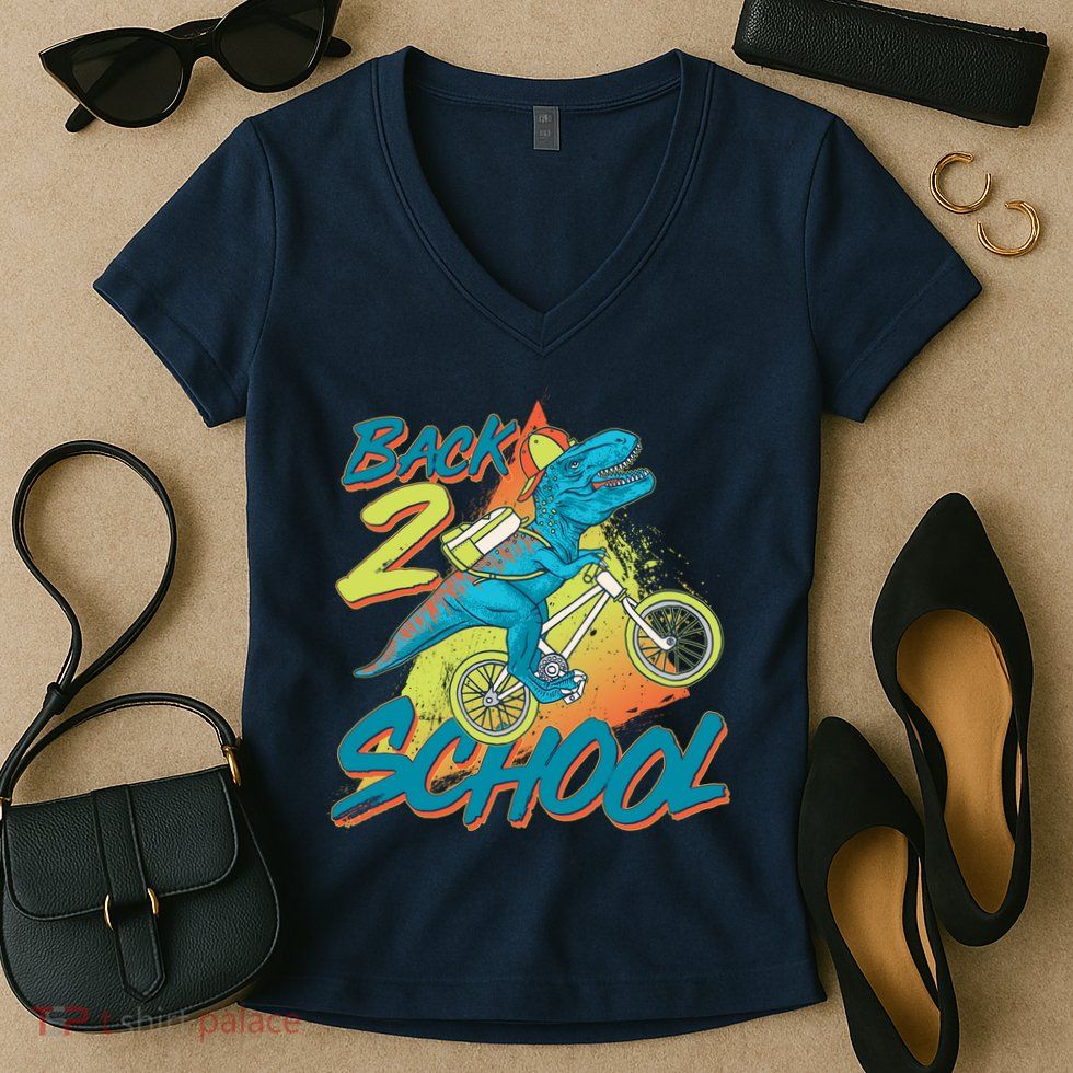 Funny Retro 80's 90's Back To 2 School TRex Dinosaur Bike Women's V-Neck T-Shirt