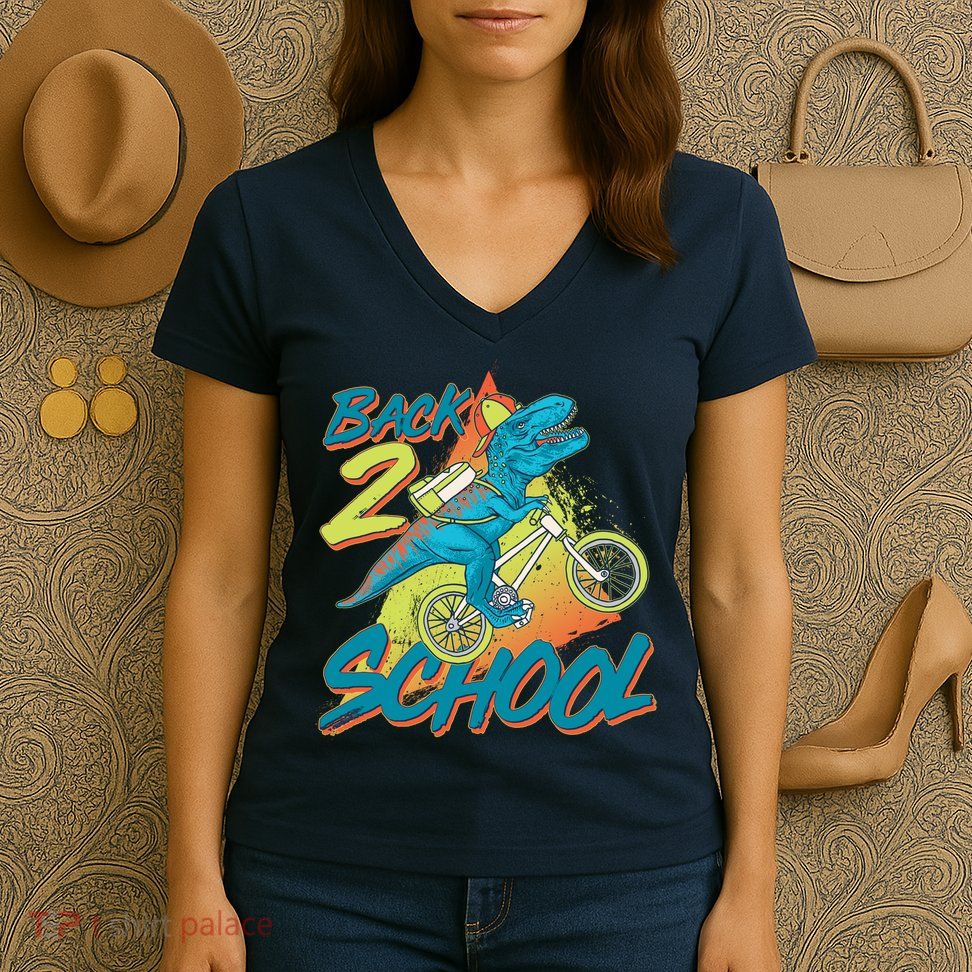 Funny Retro 80's 90's Back To 2 School TRex Dinosaur Bike Women's V-Neck T-Shirt
