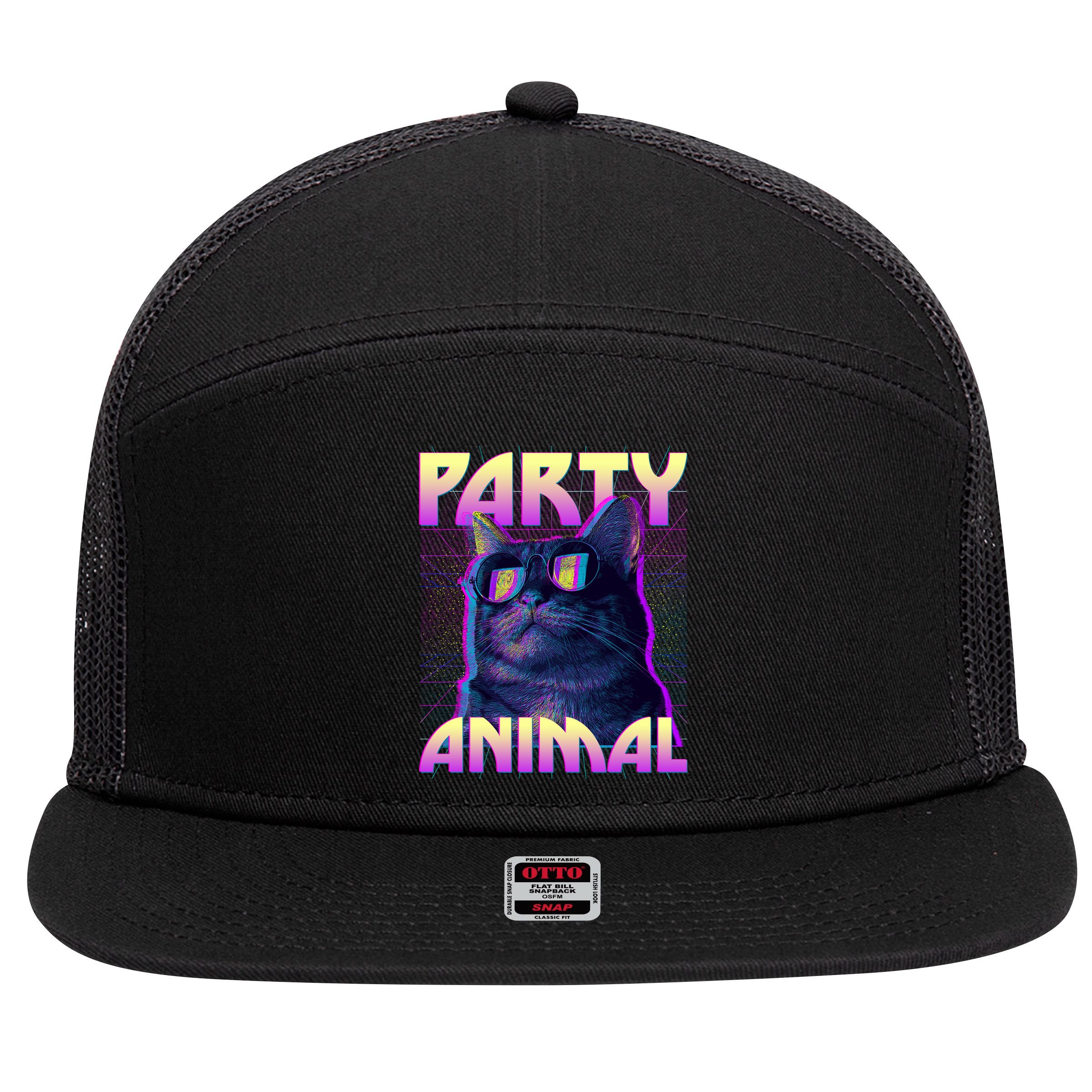 Funny Retro 80s Eighties Party Animal Cat 7 Panel Mesh Trucker Snapback Hat