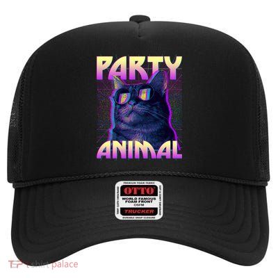 Funny Retro 80s Eighties Party Animal Cat High Crown Mesh Back Trucker Hat