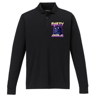 Funny Retro 80s Eighties Party Animal Cat Performance Long Sleeve Polo