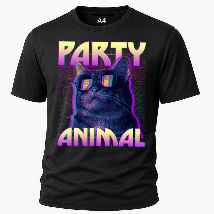 Funny Retro 80s Eighties Party Animal Cat Cooling Performance Crew T-Shirt