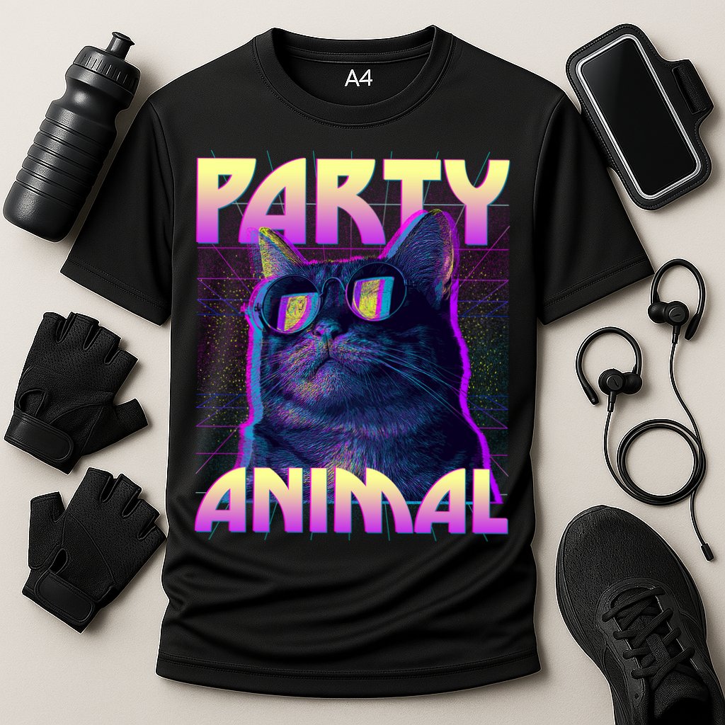 Funny Retro 80s Eighties Party Animal Cat Cooling Performance Crew T-Shirt