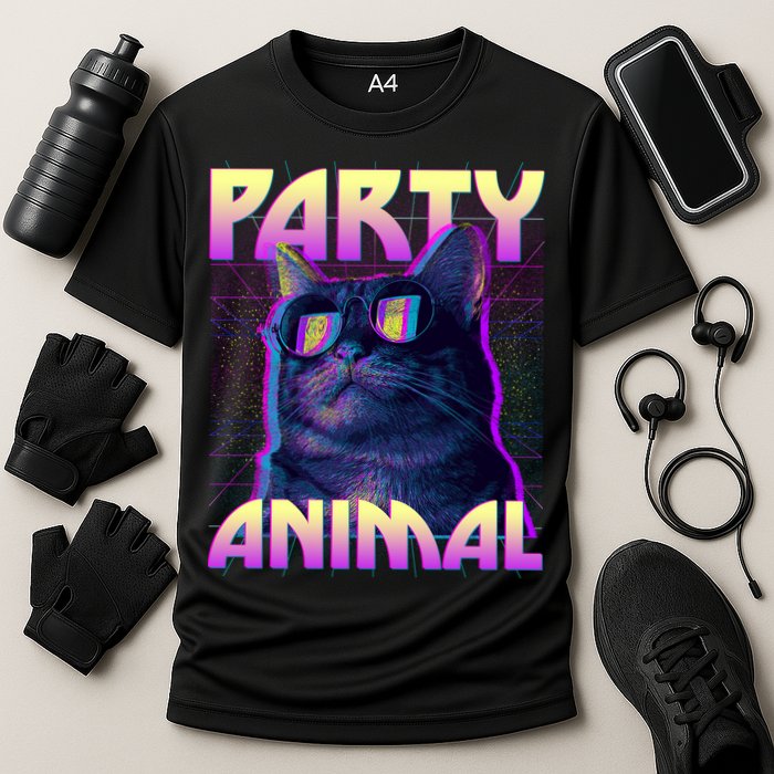 Funny Retro 80s Eighties Party Animal Cat Cooling Performance Crew T-Shirt