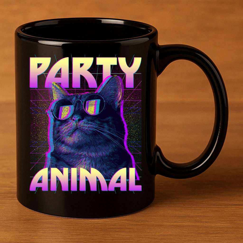 Funny Retro 80s Eighties Party Animal Cat 11oz C Handle Ceramic Mug