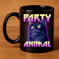 Funny Retro 80s Eighties Party Animal Cat 11oz C Handle Ceramic Mug
