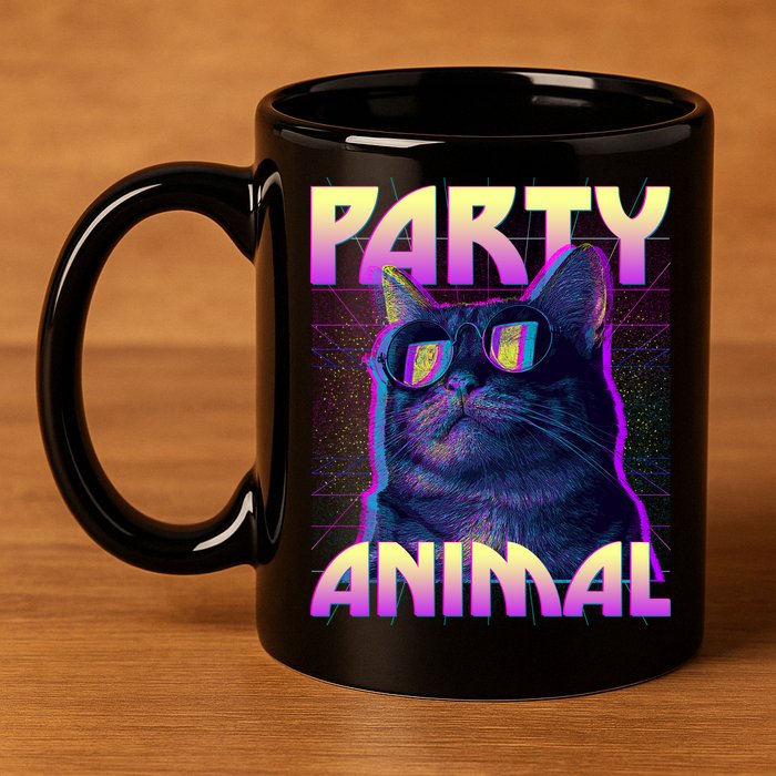 Funny Retro 80s Eighties Party Animal Cat 11oz C Handle Ceramic Mug