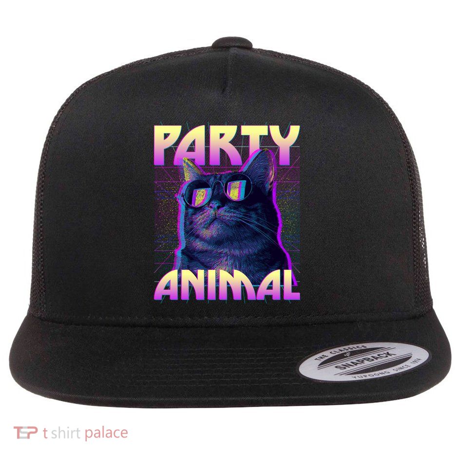 Funny Retro 80s Eighties Party Animal Cat Flat Bill Trucker Hat