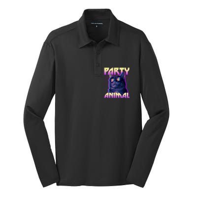 Funny Retro 80s Eighties Party Animal Cat Silk Touch Performance Long Sleeve Polo